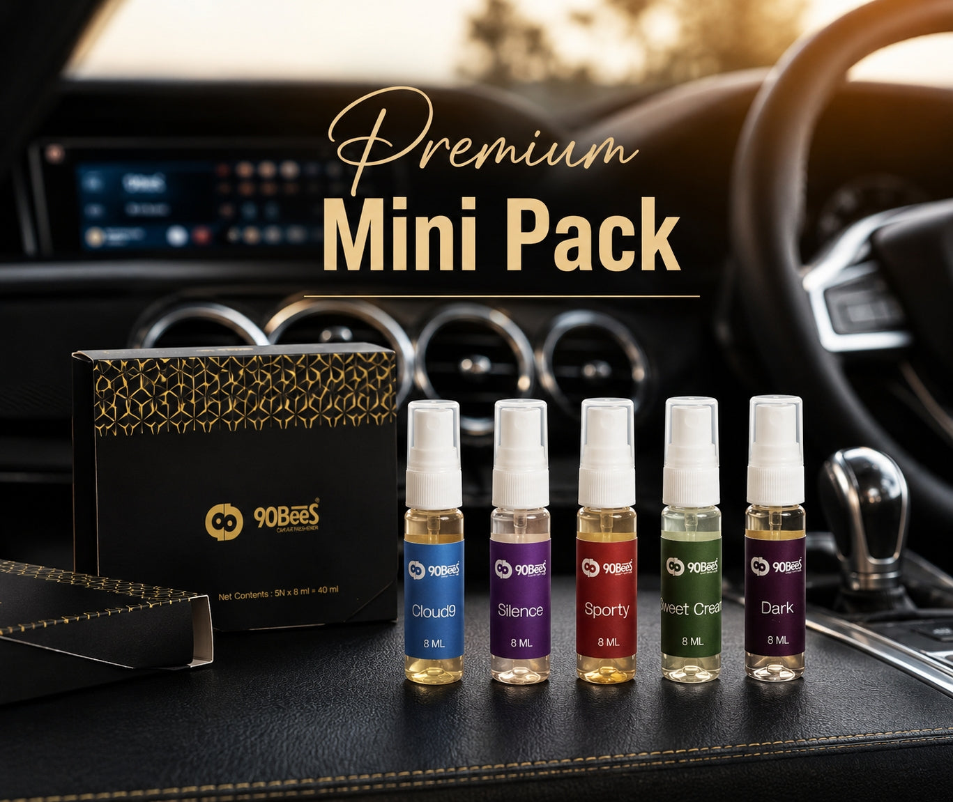 90Bees Premium Car Perfume Mini Pack with Silence Cloud9 Sweet Creek Sporty and Dark
